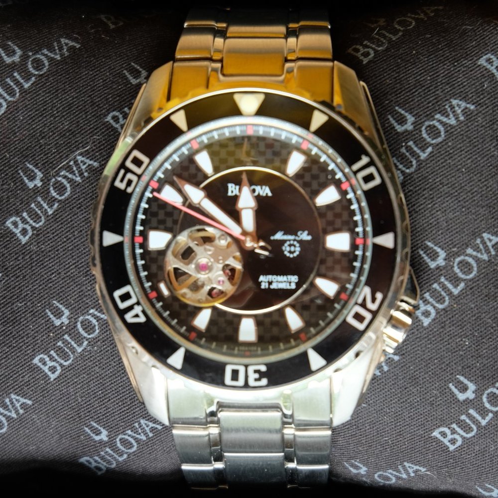 Bulova Marine Star Skeleton Automatic 21 Jewels Silver Tone Men's Watch